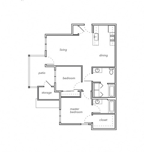 Floor plan for 2 beds, 2 baths, 970 sqft